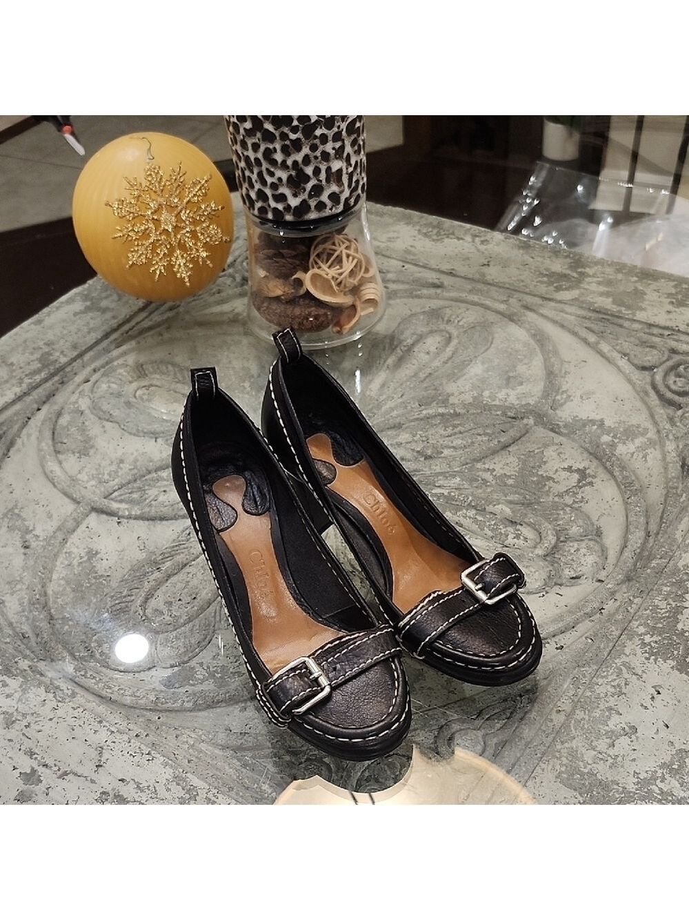 Chloe Brown leather Women's block heel Shoes with Buckle Detail 37